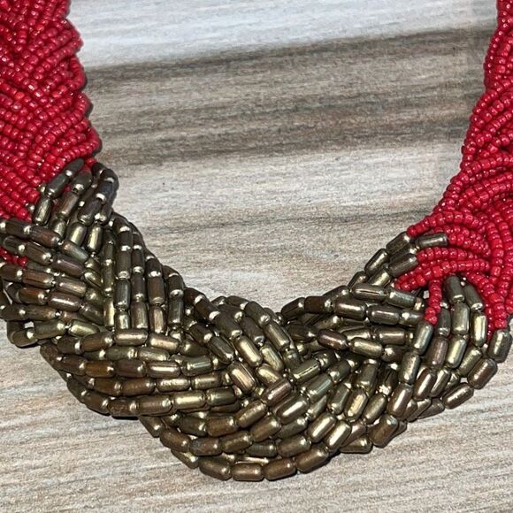 Ethnic Multistrand Red Bead Necklace With Wood Hook Closure - Picture 2 of 8